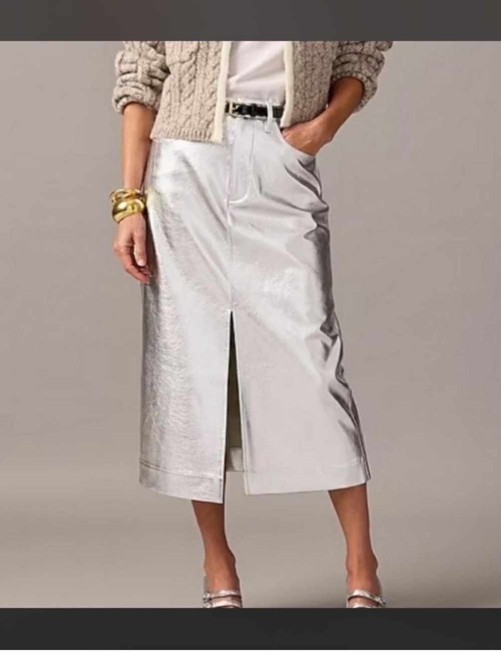 J. Crew Metallic Silver Midi Skirt with Front Slit